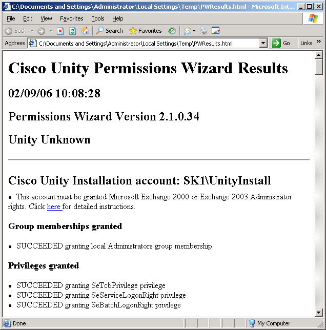 Cisco Unity Permissions Wizard Results