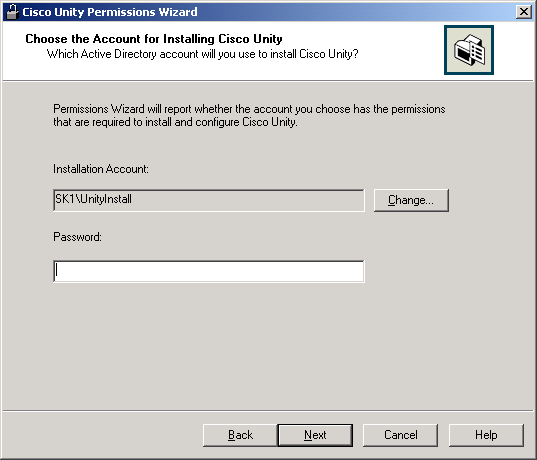 Choose the Cisco Unity Installation Account