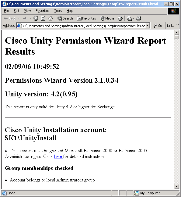 Cisco Unity Permissions Wizard Report Results
