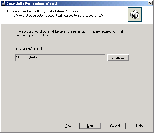 Choose the Cisco Unity Installation Account