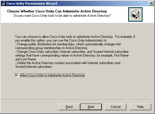 Choose Whether Cisco Unity Can Administer Active Directory page when you did not check the Set Permissions Required by AMIS, Cisco Unity Bridge, and VPIM check box