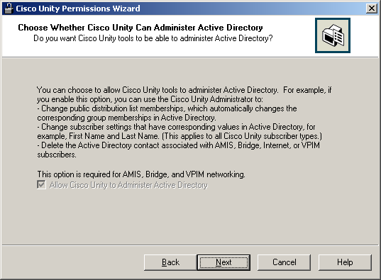 Choose Whether Cisco Unity Can Administer Active Directory page when you checked the Set Permissions Required by AMIS, Cisco Unity Bridge, and VPIM check box