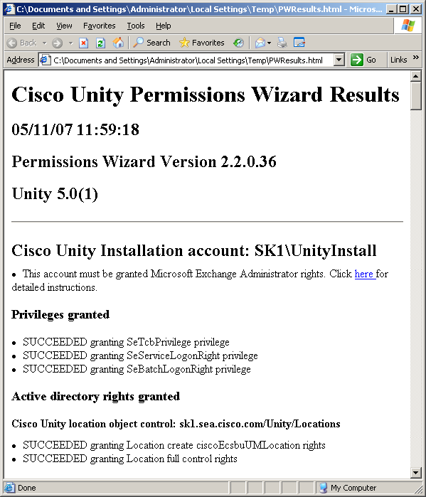 Cisco Unity Permissions Wizard Results