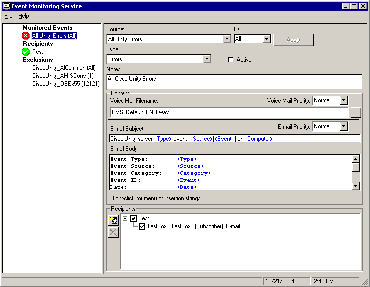 Configuring the all unity errors notification event